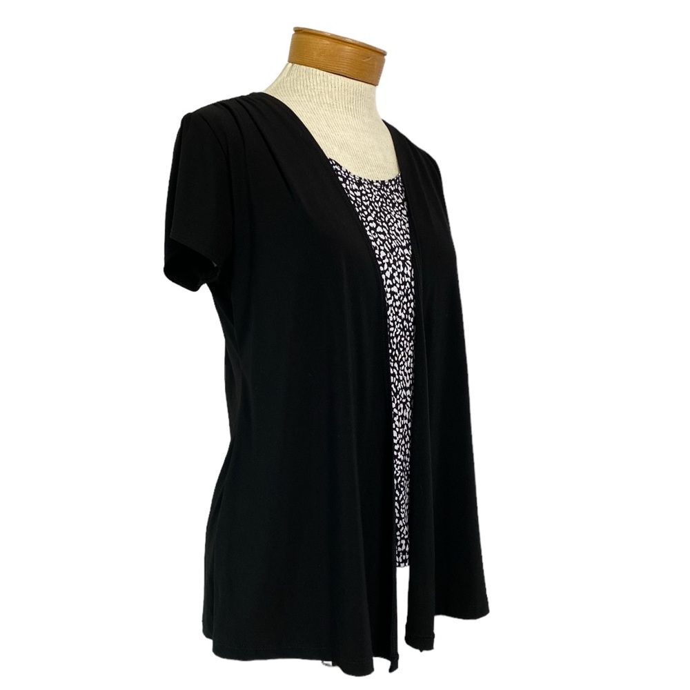 2 in 1 Short Sleeve Black Flyaway Cardigan, Attached Tank Black White Print Med
